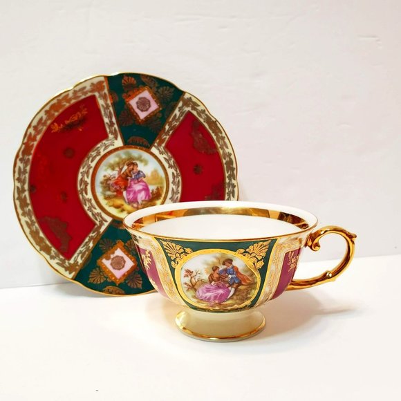 Vintage JKW Germany Tea Cup & Saucer Carlsbad Fragonard Courting Couple Gold